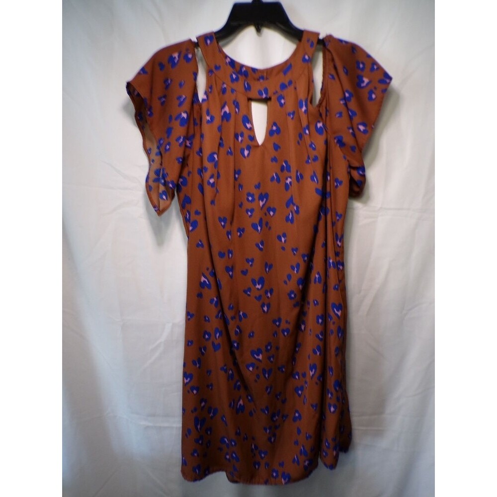 Winslow Women's Brown Floral Mini Dress 2X Short Sleeve Keyhole Neck Flutter